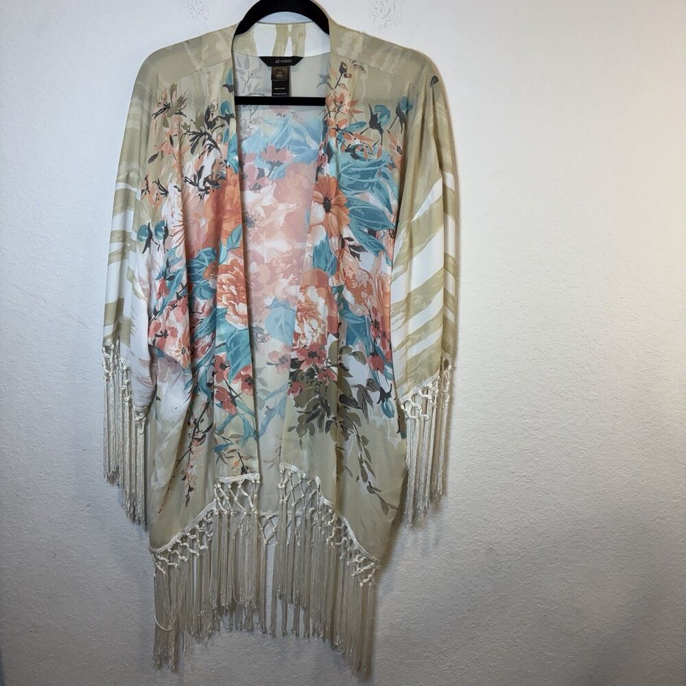 Ali Miles Floral Mesh Open Fringe Cardigan Size Large Romantic Beach Vacation